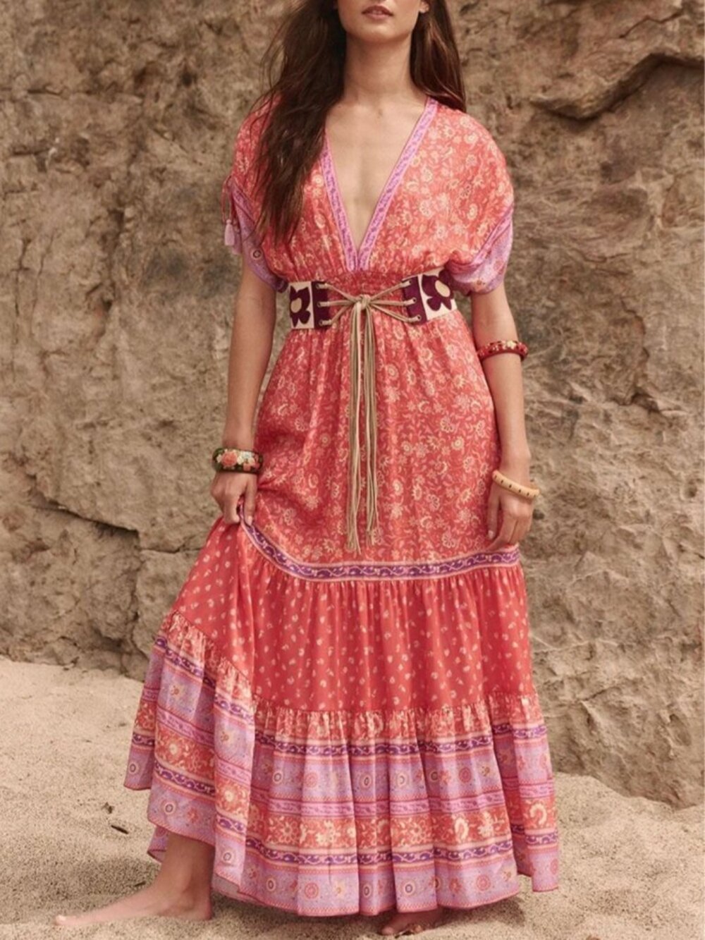 Spell Sunshine Bandit Gown Cayenne Floral Boho Maxi Dress Medium NWOT